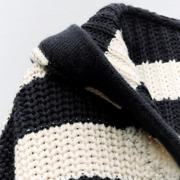 ZARA Hooded Knit Sweater Striped Cotton Long Sleeve Front Pockets Preppy Coastal - Picture 3 of 7